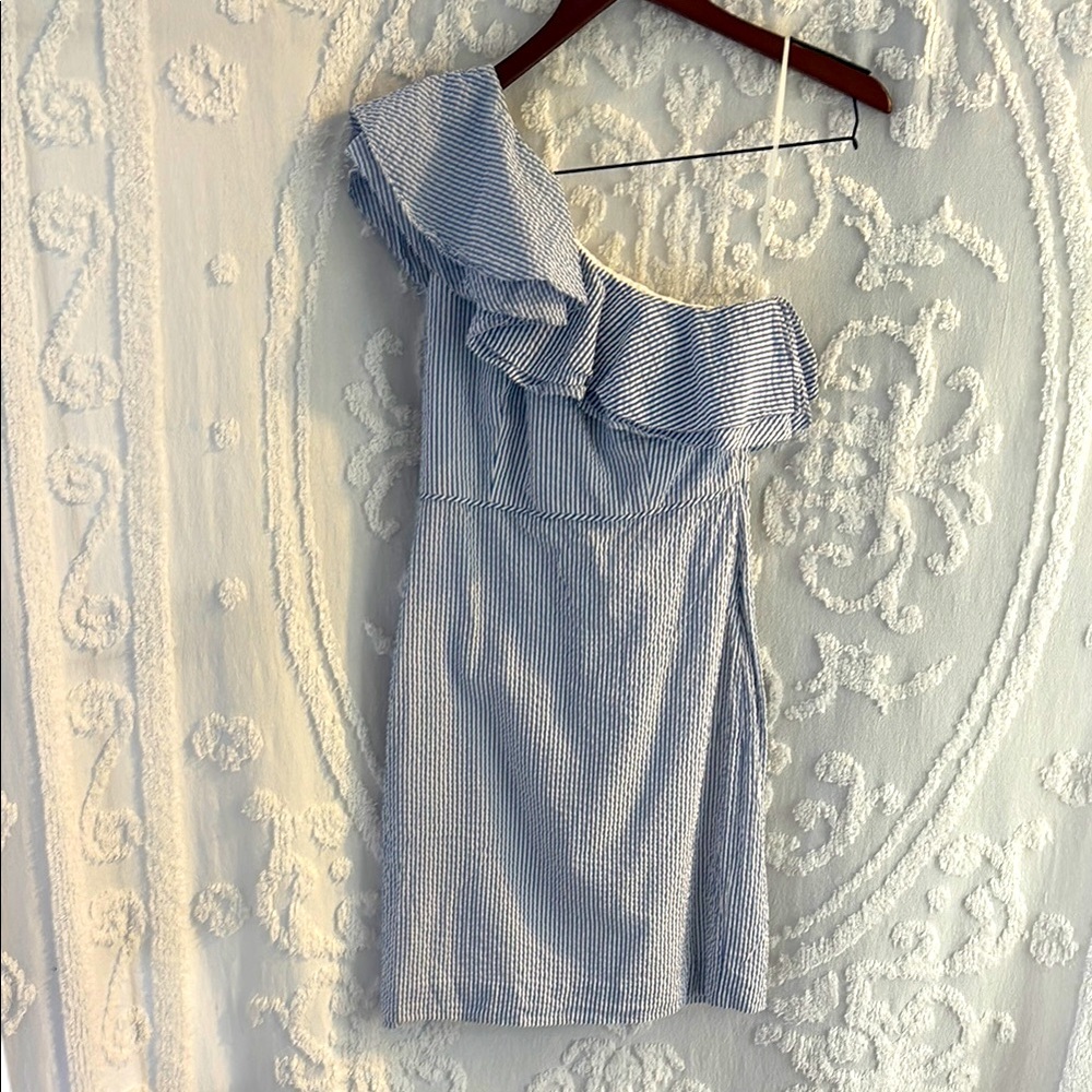J Crew Seersucker Ruffled One-Shoulder Dress